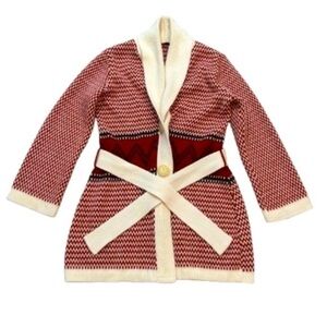 Gorgeous Vintage Rust Orange and Cream Knit Cardigan with Shawl Collar and Belt